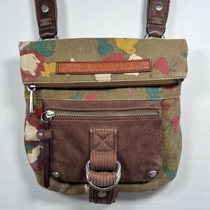 Fossil Canvas Floral Crossbody Bag with Suede Trim and foldover zip top